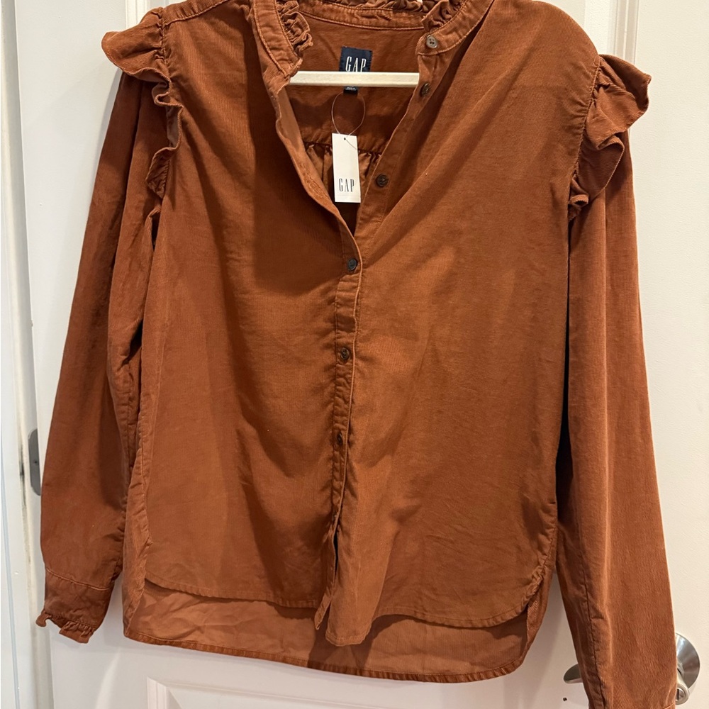 GAP Brown Flutter Sleeve Blouse with Mandarin Collar